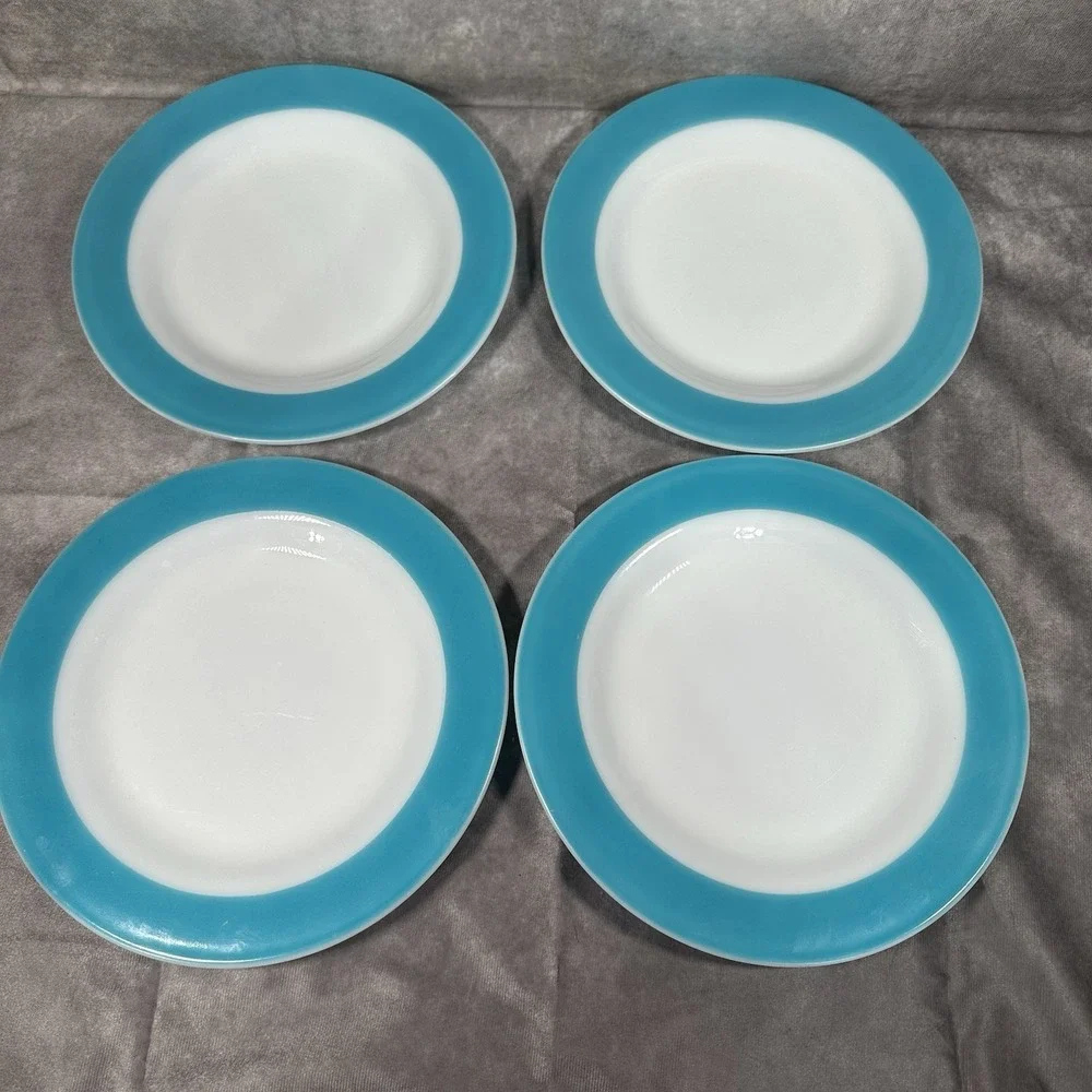 4 Pyrex Milk Glass Turquoise Aqua Wide‎ Rim Band Dinner Plates 9.75